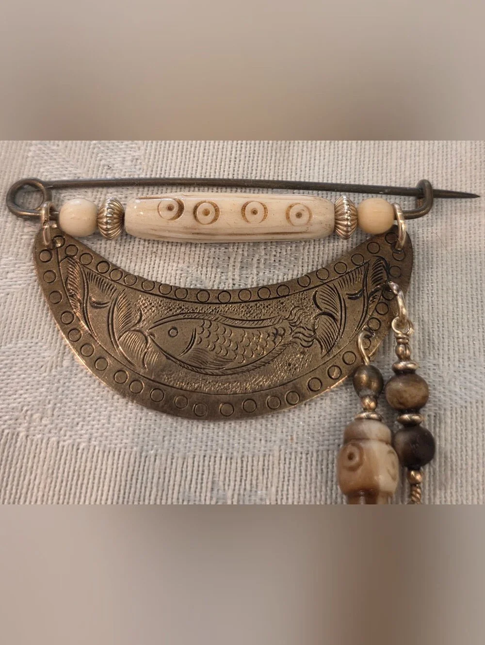 Vintage Hmong Miao Engraved Curved Brass Plate -Safety-Pin Style Brooch